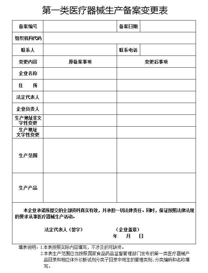 第一類醫療器械生產備案變更表 第一類醫療器械生產備案變更表